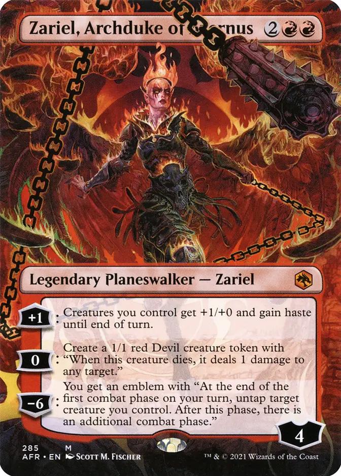 zariel mtg card Zariel, Archduke of Avernus [285] [Borderless] [Adventures in the Forgotten Realms] [Foil]  Face to Face Games Fischer. Treasure // Zariel, Archduke of