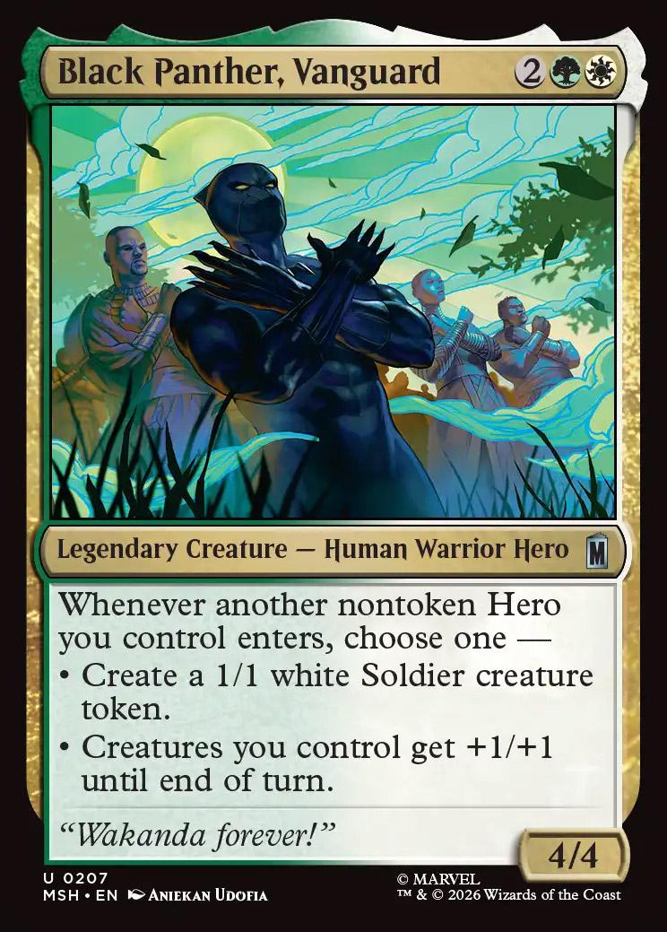 black panther mtg card Commander Deck EDH Deck Panther, Wakandan King 100 Magic Moonveil Games Marvel Super Heroes Commander Panther Habit Artifact Equipment If equipped creature would be dealt damage Wakanda Forever Precon: Every Card