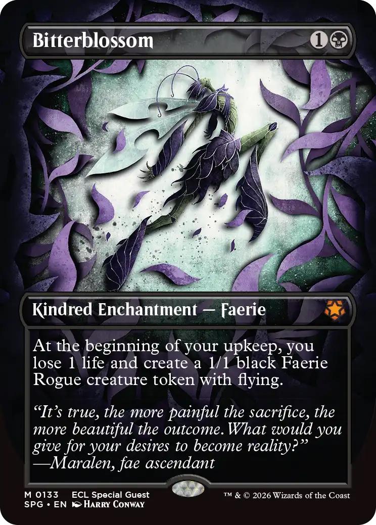 mtg cards like bitterblossom  Proxy R Us you lose 1 life and create a 1/1 black Faerie Rogue creature token with flying. Bitterblossom | Magic The Gathering