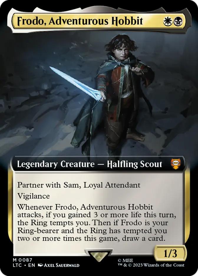 frodo card sleeves Frodo, Sauron's Bane LotR The Ring Tempts You Magic Mtg Custom Command CommanderComplete Compatibility claims only extend to the physical size of the cards in each respective game and no claim to endorsement or authorization by the respective rights holders is expressed or implied by Sleeve Kings or Imperial Publishing Squaroe The Lord of the
